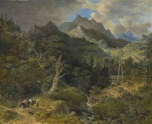 Gebirgslandschaft Mit Ziehendem Bauern Und Packeseln