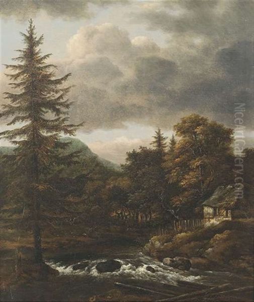 Bewaldete Landschaft Mit Einem Bach, Bauernhaus Und Hirtenstaffage - view 1