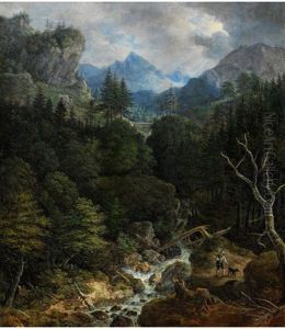 Gebirgslandschaft Mit Wildbach Und Jager