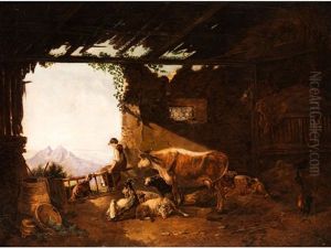Blick In Ein Stallgebaude Mit Ausblick Aufs Hochgebirge by Johann Jakob Dorner the Younger