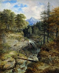 Gebirgslandschaft Mit Wildbach Und Jagern (+ Gebirgslandschaft Mit Sagemuhle Am Bach, Oil On Canvas Laid On Canvas; Pair)