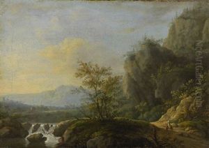 Felsige Flusslandschaft Mit Ziehendem Bauernpaar by Johann Jakob Dorner the Younger