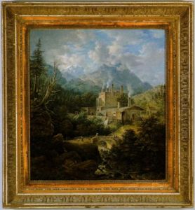Bayerische Gebirgslandschaft Mit Hausern Und Einer Steinernen Brucke Uber Einem Sturzbach Und Figuren