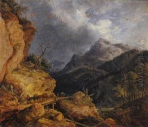 Bayerische Gebirgslandschaft Mit Maultiertreiber Bayerische Gebirgslandschaft Mit Maultiertreiber