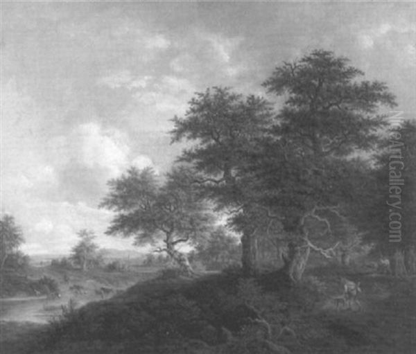 Waldige Landschaft Mit Jager Und Kuhherde An Einem Gewasser - view 1