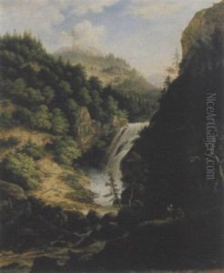 Gebirgslandschaft Mit Wildbach Und Jagern by Johann Jakob Dorner the Younger