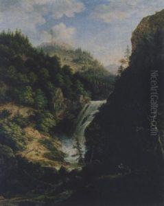 Gebirgslandschaft Mit Wildbach Und Jagern by Johann Jakob Dorner the Younger