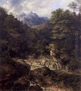 Gebirgslandschaft Mit Wildbach Uber Den Auf Einer Baumbrucke Ein Jager Schreitet by Johann Jakob Dorner the Younger