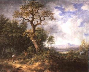 Waldlandschaft Mit Einem Wanderer Und Seinem Hund Links