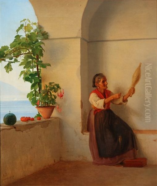 An Old Woman With A Spindle Sitting In An Italian Loggia - view 1
