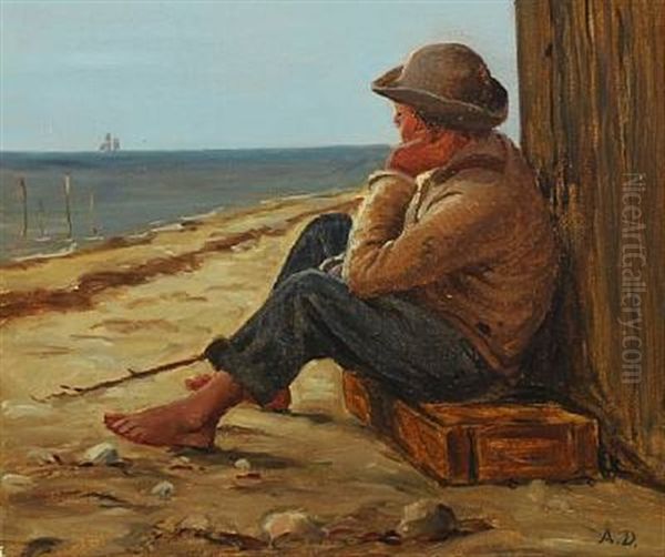 Coastal Scene With A Boy Sitting On A Fish Box - view 1