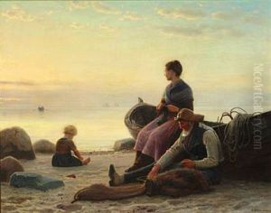 Fisherman's Family On The Beach At Sunset by Anton Laurids Johannes Dorph