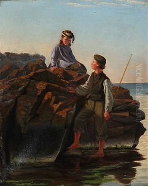 Summer Dressed Girl And A Fisher Boy On A Rocky Coast - view 1