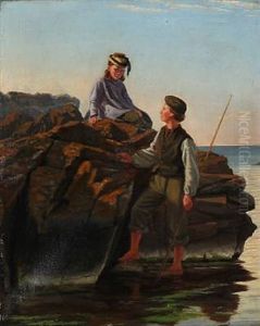 Summer Dressed Girl And A Fisher Boy On A Rocky Coast by Anton Laurids Johannes Dorph