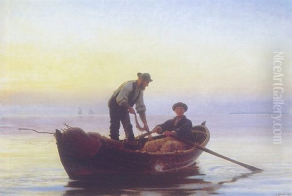 To Fiskere I En Robad Pa Stille Vand, I Baggrunden Sejlskibe I Dis - view 1