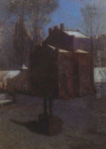Park Med Skulptur Foran Hus, Nattestemning by Niels Vinding Dorph