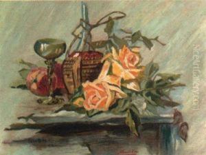 Stilleben Mit Rosen, Pfirsichen, Weinflasche Und Glas