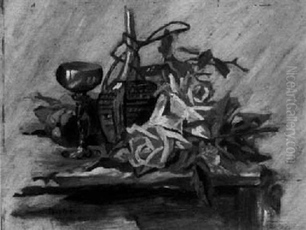 Stilleben Mit Gelben Rosen Und Weinflasche - view 1
