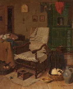 Home Interior With Knitting Chair And Sleeping Cat by Ferdinand Theodor Dose