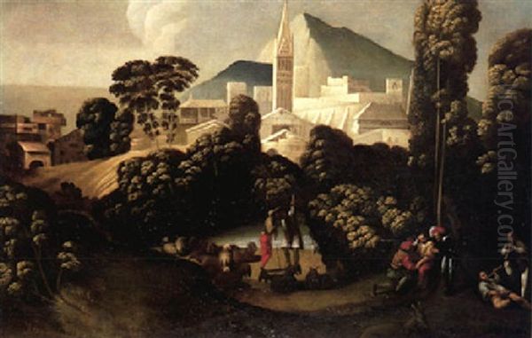 Landschaft Mit Schafhirten Und -herde Vor Einer Befestigten Stadt - view 1