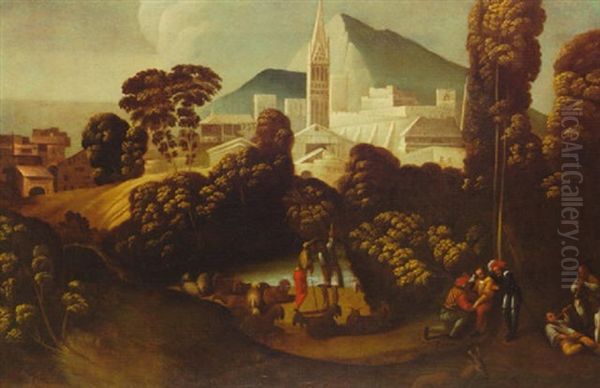 Landscape With Courtiers, Shepherds And Their Flocks And Flute Players With Buildings And A Church In The Background - view 1