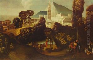 Landscape With Courtiers, Shepherds And Their Flocks And    Flute Players With Buildings And A Church In The Background