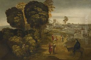 A River Landscape With Figures On A Country Road, A View Of A Town In The Distance by Dosso Dossi