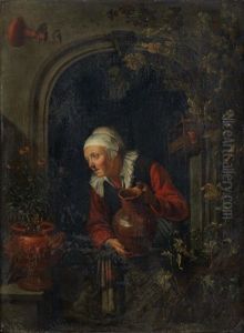 An Elderly Lady Standing At A Window Holding An Earthenware Pitcher