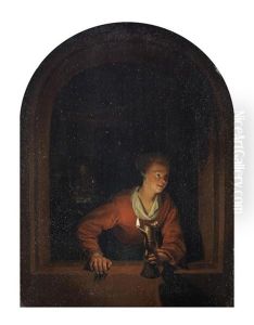 A Woman At A Window With An Oil Lamp by Gerrit Dou