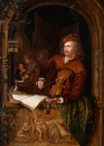 Gentleman Playing A Violin In A Casement Window by Gerrit Dou