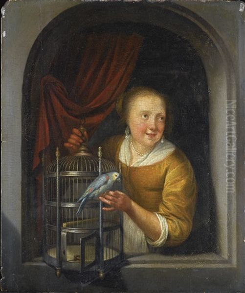 A Young Lady In A Niche, With A Perroquet And A Birdcage - view 1