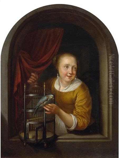 A Young Woman At A Window With A Parrot And Birdcage - view 1