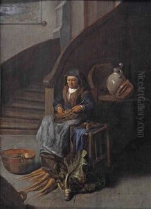 A Old Woman Peeling Carrots In An Interior