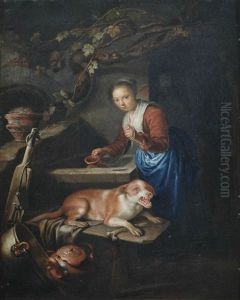 Eine Junge Magd Mit Einem Hund Am Brunnen
