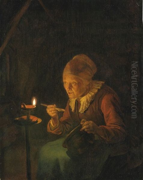 An Old Woman Eating Porridge By Candlelight - view 1