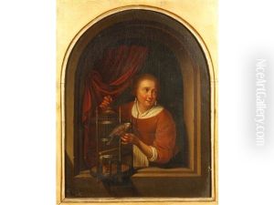 Young Girl With A Perroquet In A Niche, The Reverse With An Heraldic Seal by Gerrit Dou