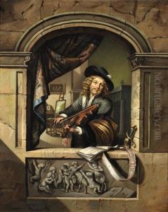 Musicien Jouant Du Violon Devant Sa Fenetre, Un Interieur Hollandais En Arriere-plan by Gerrit Dou