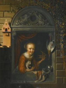 A Young Girl At A Window Ledge With A Cat And A Mouse-trap, A Hung Duck And A Pewter Ewer Beside Her by Gerrit Dou