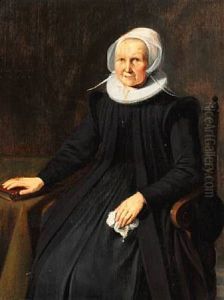 An Old Dignified Woman In A Black Dress With White Collar And Bonnet. Her Right Hand On The Bible