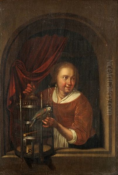 Junge Frau Mit Papagei In Einer Nische - view 1