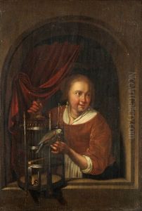 Junge Frau Mit Papagei In Einer Nische by Gerrit Dou