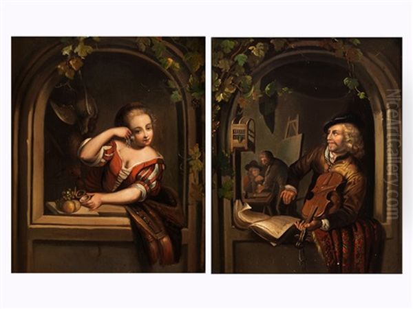 Juges Madchen In Rundbogigem, Steinernen Fensterrahmen (+ Musiker Beim Geigenspiel Im Rundbogigen Fensterrahmen; Pair) - view 1