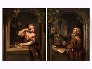 Juges Madchen In Rundbogigem, Steinernen Fensterrahmen (+ Musiker Beim Geigenspiel Im Rundbogigen Fensterrahmen; Pair) Juges Madchen In Rundbogigem, Steinernen Fensterrahmen (+ Musiker Beim Geigenspiel Im Rundbogigen Fensterrahmen; Pair)