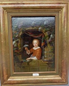 Jeune Fille Presentant Son Perroquet A La Fenetre by Gerrit Dou