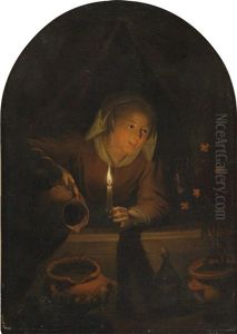 Eine Junge Frau Begiesst Topfpflanzen Bei Kerzenlicht