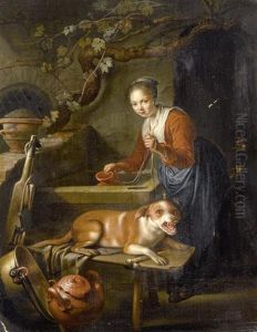 Frau Mit Hund An Einem Brunnen by Gerrit Dou