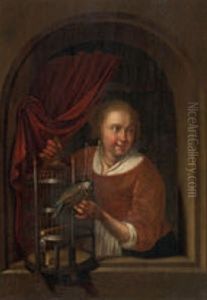 Fensterbrustung Mit Frau Und Vogel by Gerrit Dou