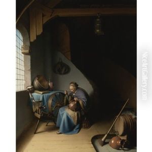 An Elderly Woman, Seated By A Window At Her Spinning Wheel, Eating Porridge