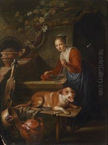 Madchen Am Brunnen Mit Hund by Gerrit Dou