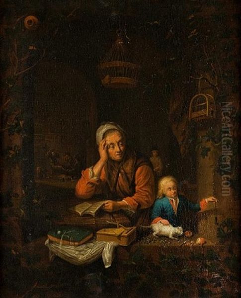 An Old Woman And Boy With Cat In A Window - view 1